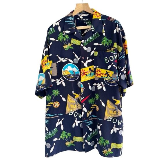 VTG KOMAN Sport Men's Sz XL Blue Hawaiian Camp Button Down Shirt Bowling Pins - Picture 1 of 10